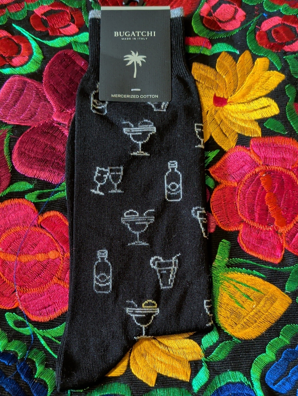 Bugatchi Black Socks with Light Gray Cocktail Motifs